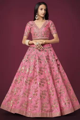 Pink Slub Silk Dori Sequins & Zari Embroidery Work Wedding Festival Party Wear Designer Lehenga Choli