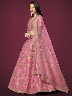 Pink Slub Silk Dori Sequins & Zari Embroidery Work Wedding Festival Party Wear Designer Lehenga Choli 5