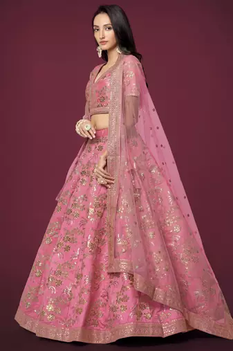Pink Slub Silk Dori Sequins & Zari Embroidery Work Wedding Festival Party Wear Designer Lehenga Choli