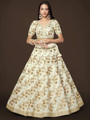 White Slub Silk Dori Sequins & Zari Embroidery Work Wedding Festival Party Wear Designer Lehenga Choli 5