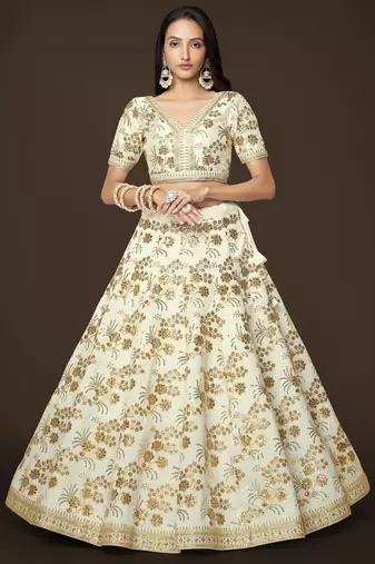 White Slub Silk Dori Sequins & Zari Embroidery Work Wedding Festival Party Wear Designer Lehenga Choli