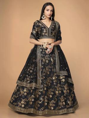 Black Slub Silk Dori Sequins & Zari Embroidery Work Wedding Festival Party Wear Designer Lehenga Choli 1