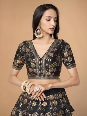 Black Slub Silk Dori Sequins & Zari Embroidery Work Wedding Festival Party Wear Designer Lehenga Choli 2
