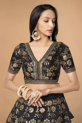 Black Slub Silk Dori Sequins & Zari Embroidery Work Wedding Festival Party Wear Designer Lehenga Choli