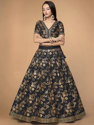Black Slub Silk Dori Sequins & Zari Embroidery Work Wedding Festival Party Wear Designer Lehenga Choli 3