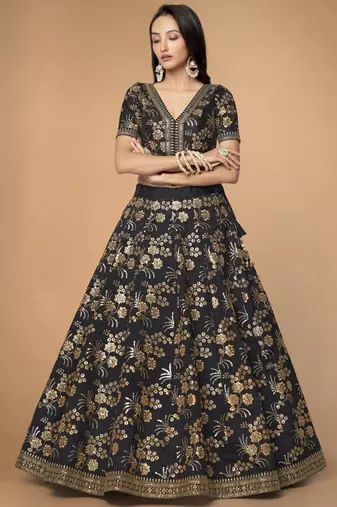 Black Slub Silk Dori Sequins & Zari Embroidery Work Wedding Festival Party Wear Designer Lehenga Choli