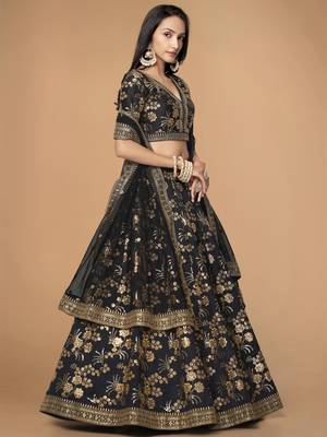 Black Slub Silk Dori Sequins & Zari Embroidery Work Wedding Festival Party Wear Designer Lehenga Choli 4