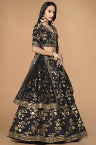 Black Slub Silk Dori Sequins & Zari Embroidery Work Wedding Festival Party Wear Designer Lehenga Choli