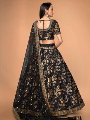 Black Slub Silk Dori Sequins & Zari Embroidery Work Wedding Festival Party Wear Designer Lehenga Choli 5