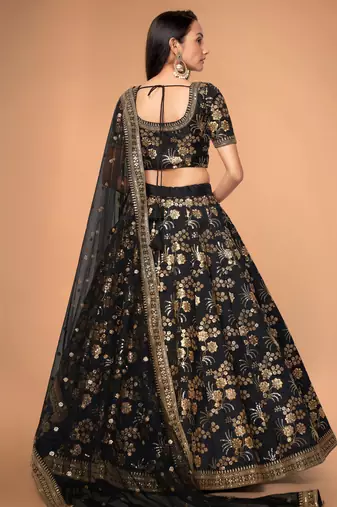Black Slub Silk Dori Sequins & Zari Embroidery Work Wedding Festival Party Wear Designer Lehenga Choli