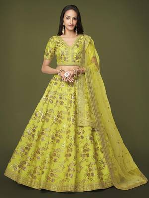 Neon Slub Silk Dori Sequins & Zari Embroidery Work Wedding Festival Party Wear Designer Lehenga Choli 1