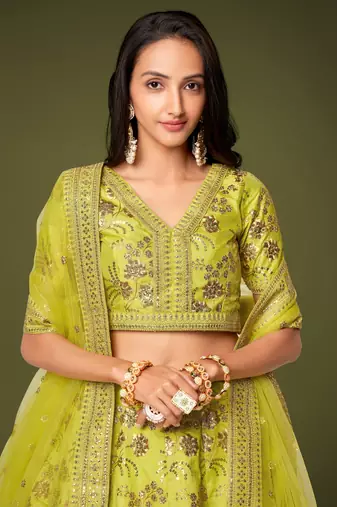 Neon Slub Silk Dori Sequins & Zari Embroidery Work Wedding Festival Party Wear Designer Lehenga Choli