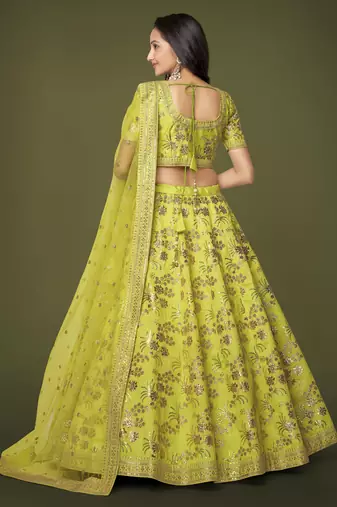 Neon Slub Silk Dori Sequins & Zari Embroidery Work Wedding Festival Party Wear Designer Lehenga Choli