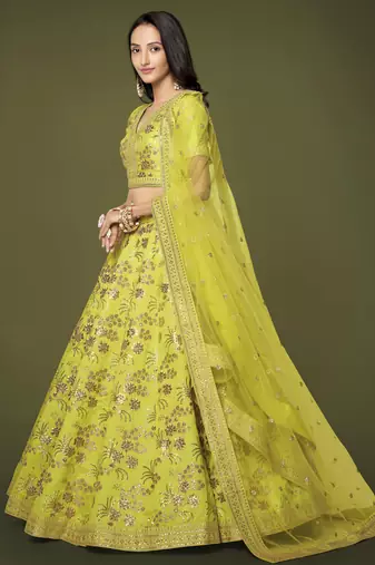 Neon Slub Silk Dori Sequins & Zari Embroidery Work Wedding Festival Party Wear Designer Lehenga Choli