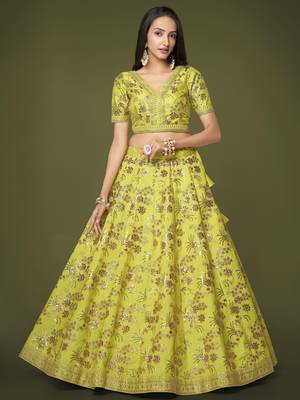 Neon Slub Silk Dori Sequins & Zari Embroidery Work Wedding Festival Party Wear Designer Lehenga Choli 5