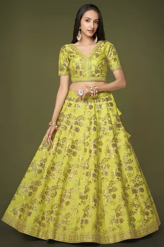 Neon Slub Silk Dori Sequins & Zari Embroidery Work Wedding Festival Party Wear Designer Lehenga Choli