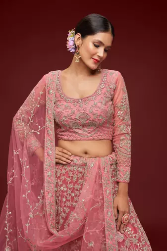 Fantasy Rose Net Zari Thread & Glitter Dori Embroidery Work Wedding Festival Party Wear Designer Lehenga Choli