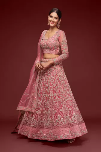 Fantasy Rose Net Zari Thread & Glitter Dori Embroidery Work Wedding Festival Party Wear Designer Lehenga Choli