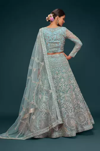 Ocean Aqua Net Zari Thread & Glitter Dori Embroidery Work Wedding Festival Party Wear Designer Lehenga Choli