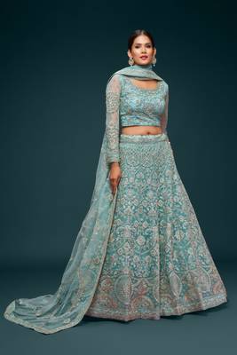Ocean Aqua Net Zari Thread & Glitter Dori Embroidery Work Wedding Festival Party Wear Designer Lehenga Choli 1