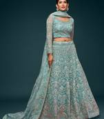 Ocean Aqua Net Zari Thread & Glitter Dori Embroidery Work Wedding Festival Party Wear Designer Lehenga Choli