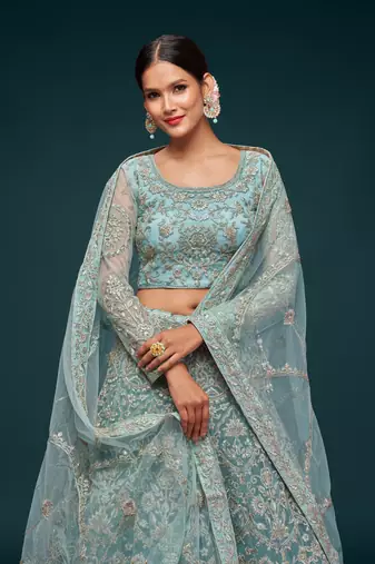Ocean Aqua Net Zari Thread & Glitter Dori Embroidery Work Wedding Festival Party Wear Designer Lehenga Choli