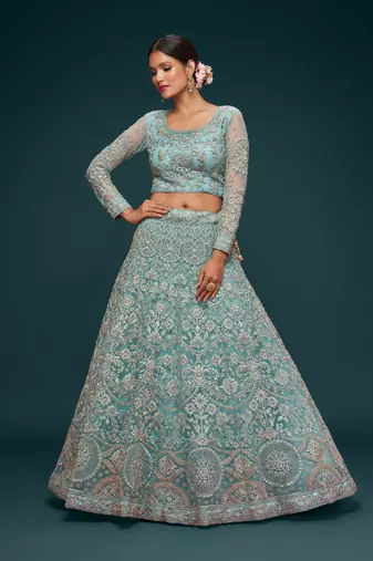 Ocean Aqua Net Zari Thread & Glitter Dori Embroidery Work Wedding Festival Party Wear Designer Lehenga Choli