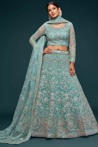 Ocean Aqua Net Zari Thread & Glitter Dori Embroidery Work Wedding Festival Party Wear Designer Lehenga Choli