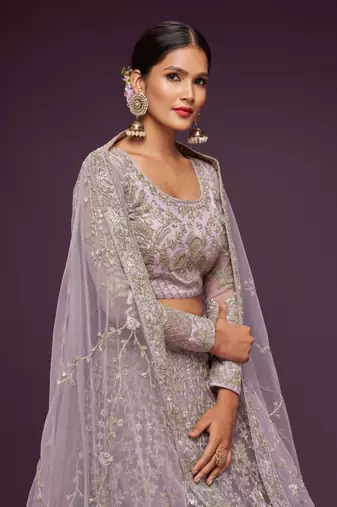 Dusty Orchid Net Zari Thread & Glitter Dori Embroidery Work Wedding Festival Party Wear Designer Lehenga Choli