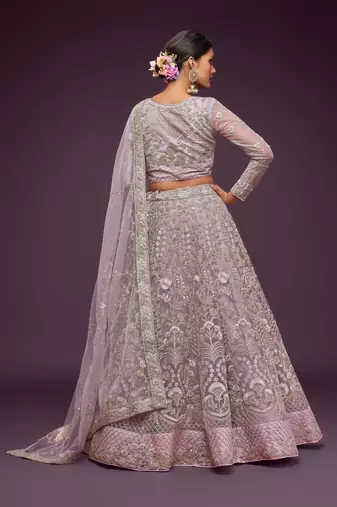Dusty Orchid Net Zari Thread & Glitter Dori Embroidery Work Wedding Festival Party Wear Designer Lehenga Choli