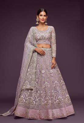 Dusty Orchid Net Zari Thread & Glitter Dori Embroidery Work Wedding Festival Party Wear Designer Lehenga Choli 5