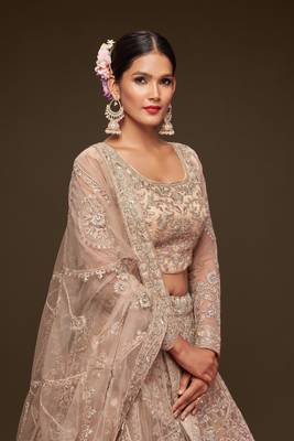 Royal Beige Net Zari Thread & Glitter Dori Embroidery Work Wedding Festival Party Wear Designer Lehenga Choli 3