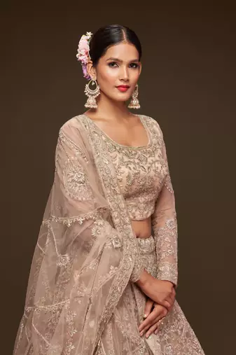 Royal Beige Net Zari Thread & Glitter Dori Embroidery Work Wedding Festival Party Wear Designer Lehenga Choli