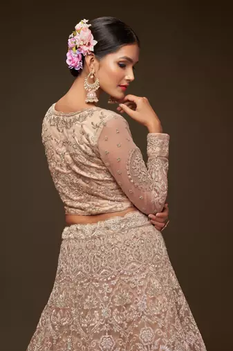 Royal Beige Net Zari Thread & Glitter Dori Embroidery Work Wedding Festival Party Wear Designer Lehenga Choli