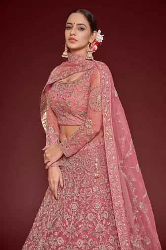 Fantasy Rose Net Zari Thread & Glitter Dori Embroidery Work Wedding Festival Party Wear Designer Lehenga Choli