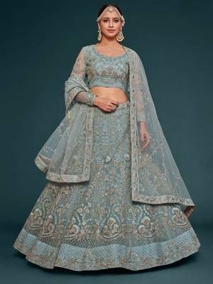 Ocean Aqua Net Zari Thread & Glitter Dori Embroidery Work Wedding Festival Party Wear Designer Lehenga Choli 1
