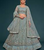 Ocean Aqua Net Zari Thread & Glitter Dori Embroidery Work Wedding Festival Party Wear Designer Lehenga Choli