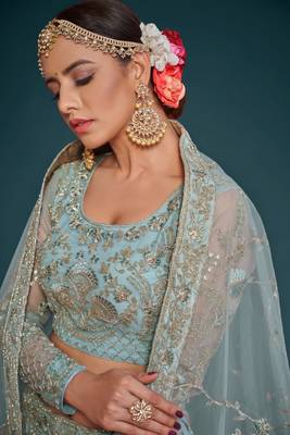 Ocean Aqua Net Zari Thread & Glitter Dori Embroidery Work Wedding Festival Party Wear Designer Lehenga Choli 2