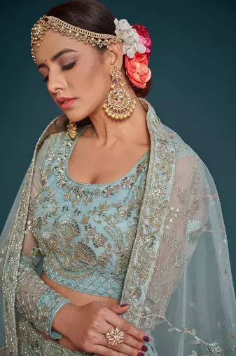 Ocean Aqua Net Zari Thread & Glitter Dori Embroidery Work Wedding Festival Party Wear Designer Lehenga Choli