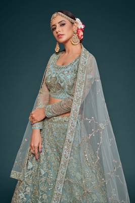 Ocean Aqua Net Zari Thread & Glitter Dori Embroidery Work Wedding Festival Party Wear Designer Lehenga Choli 4