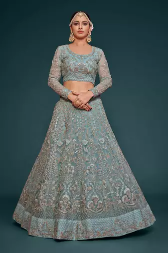 Ocean Aqua Net Zari Thread & Glitter Dori Embroidery Work Wedding Festival Party Wear Designer Lehenga Choli