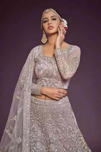 Dusty Orchid Net Zari Thread & Glitter Dori Embroidery Work Wedding Festival Party Wear Designer Lehenga Choli