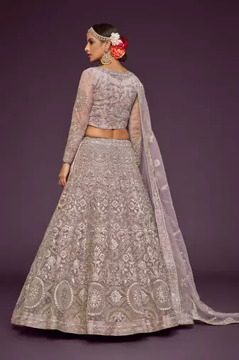 Dusty Orchid Net Zari Thread & Glitter Dori Embroidery Work Wedding Festival Party Wear Designer Lehenga Choli
