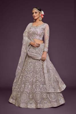 Dusty Orchid Net Zari Thread & Glitter Dori Embroidery Work Wedding Festival Party Wear Designer Lehenga Choli 5