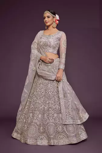 Dusty Orchid Net Zari Thread & Glitter Dori Embroidery Work Wedding Festival Party Wear Designer Lehenga Choli