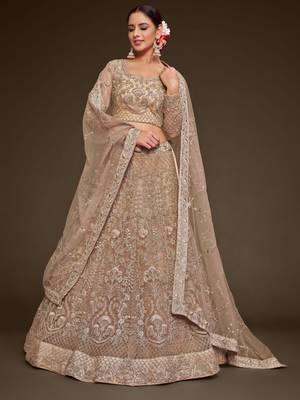 Royal Beige Net Zari Thread & Glitter Dori Embroidery Work Wedding Festival Party Wear Designer Lehenga Choli 1