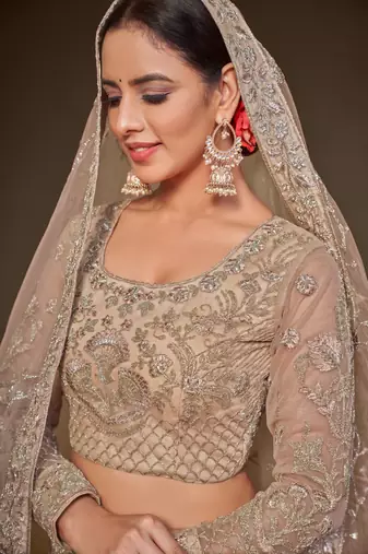 Royal Beige Net Zari Thread & Glitter Dori Embroidery Work Wedding Festival Party Wear Designer Lehenga Choli