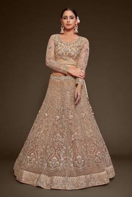 Royal Beige Net Zari Thread & Glitter Dori Embroidery Work Wedding Festival Party Wear Designer Lehenga Choli 5