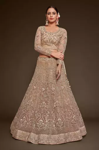 Royal Beige Net Zari Thread & Glitter Dori Embroidery Work Wedding Festival Party Wear Designer Lehenga Choli