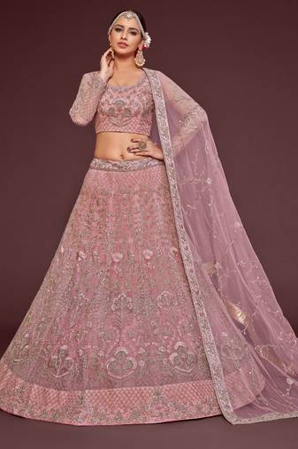 Pearl Pink Net Zari Thread & Glitter Dori Embroidery Work Wedding Festival Party Wear Designer Lehenga Choli